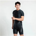 Men's plus size polyester swimsuit set in blue, with separate top and swimming pants.