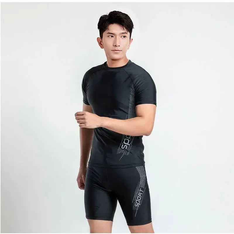 Men's plus size polyester swimsuit set in blue, with separate top and swimming pants.