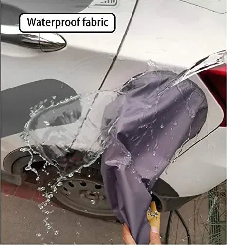 Grey waterproof drawstring cover for electric vehicle charging port measuring 28x45x16cm