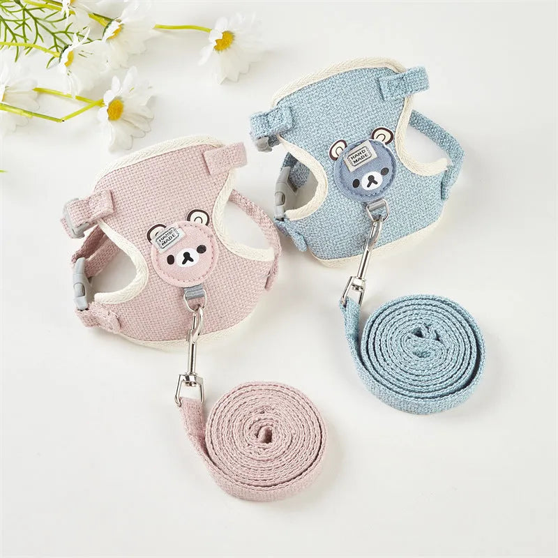 Adjustable dog hand holding rope vest set with cloth chest strap and traction rope in blue, grey, pink or beige, sizes S and M.