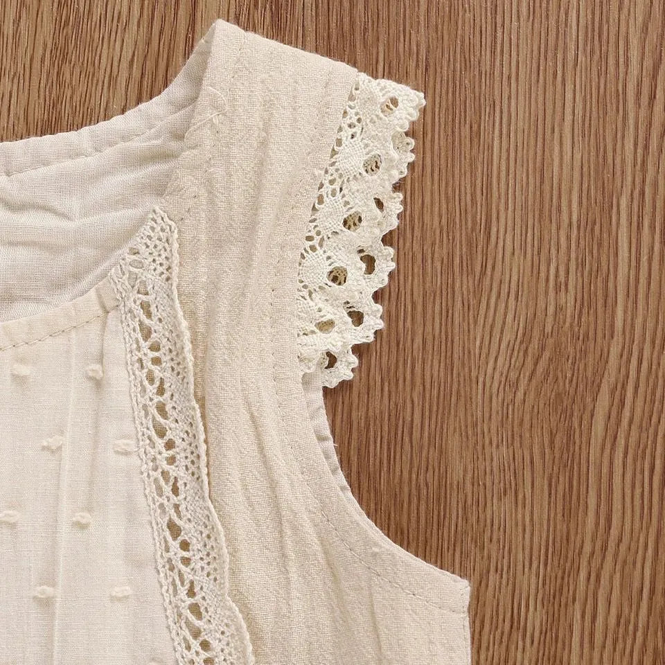 Girls beige cotton lace sleeveless shorts two-piece skirt suit for 70-110cm height