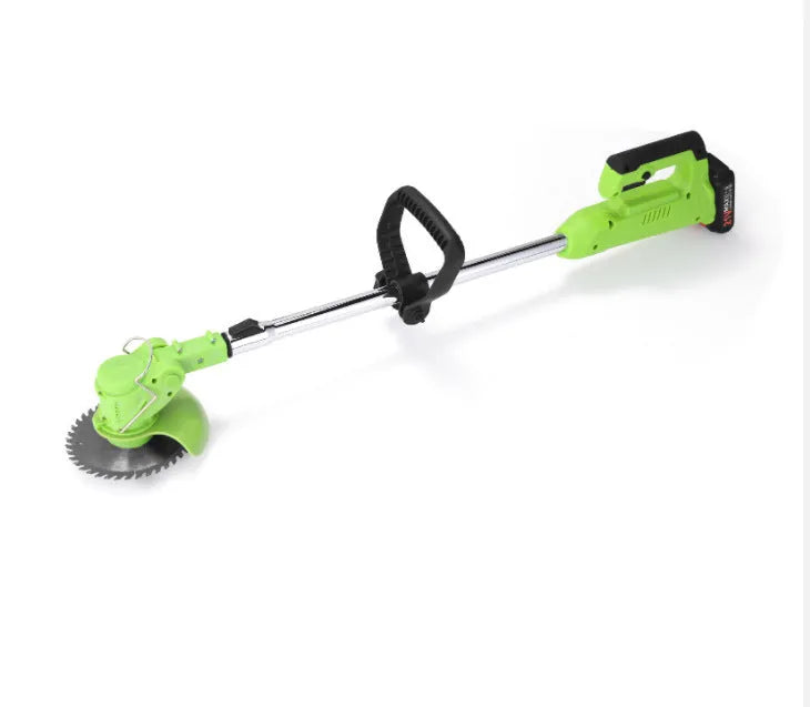 Cordless electric lawn mower with stainless steel telescopic tube on grass