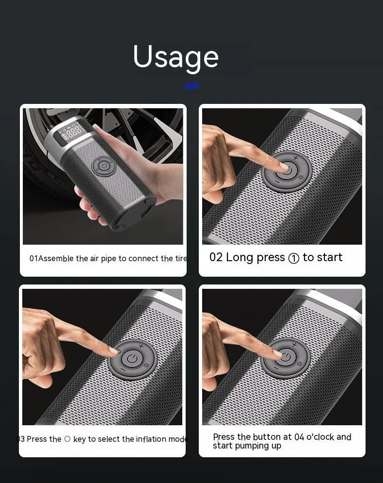Black portable wireless vehicle air pump with metal construction and 15cm inflation tube including multiple nozzle attachments