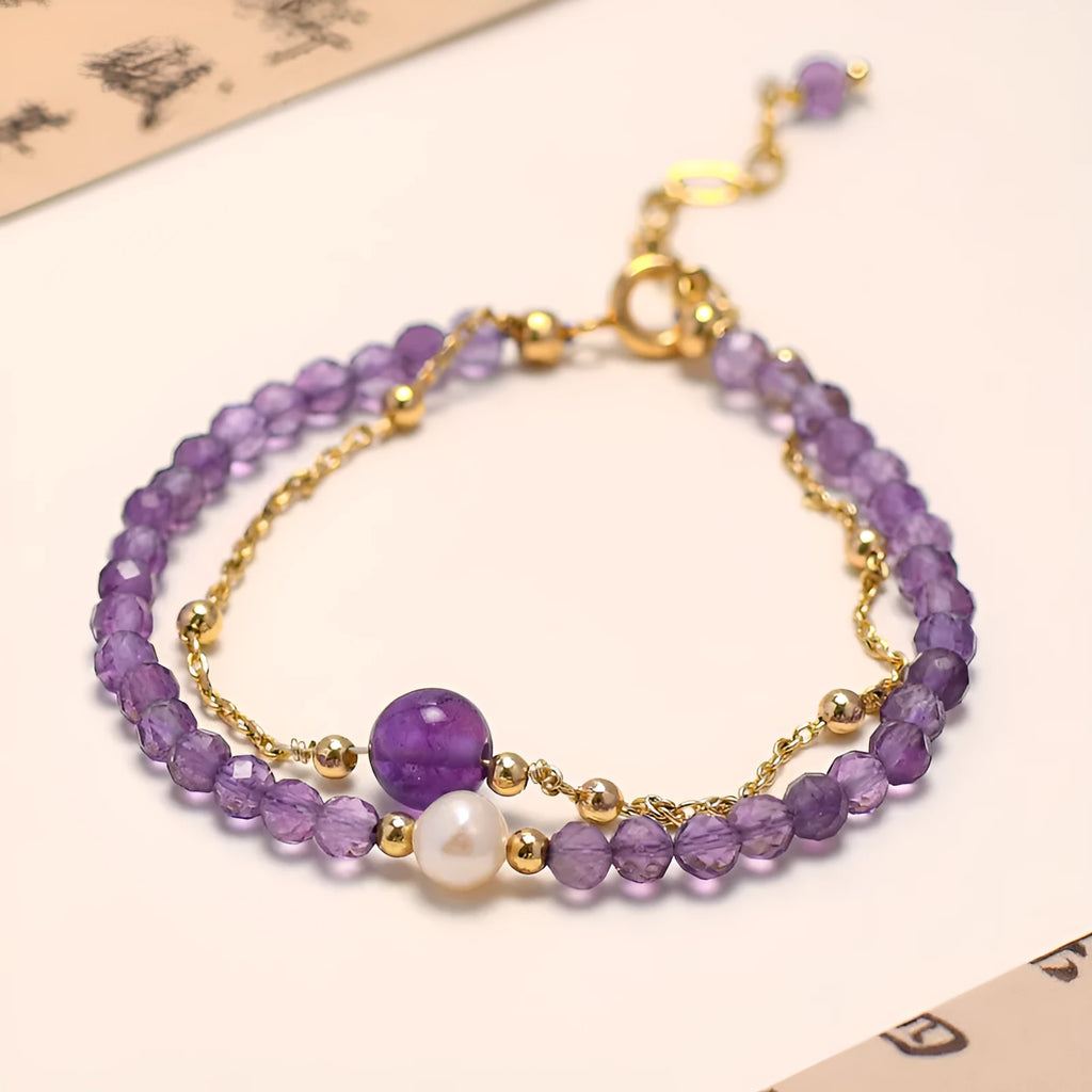 Women's amethyst bracelet with genuine pearls and crystal stones in Chinese-style design