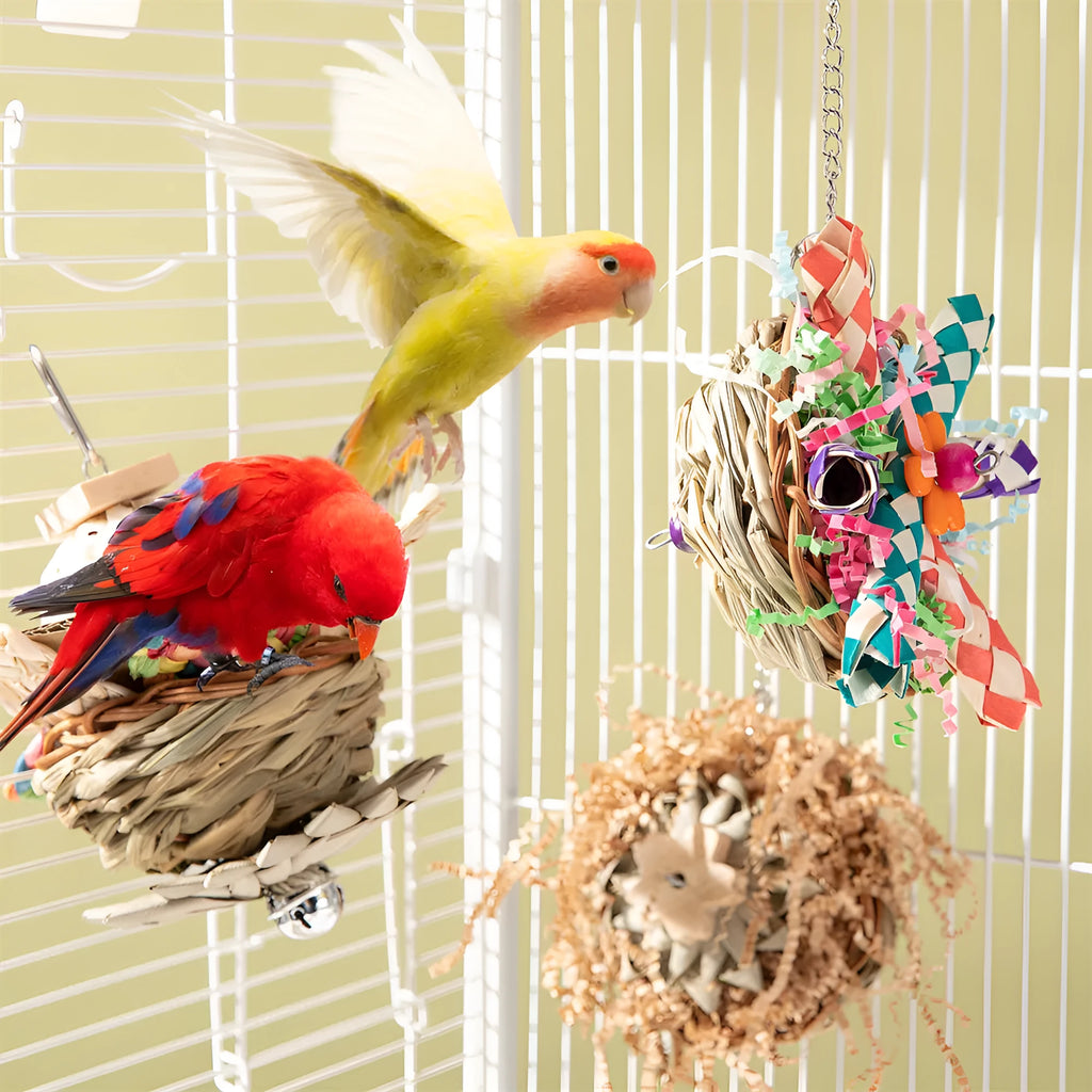Natural wooden bird chew toy with cotton rope elements for parrots and small birds
