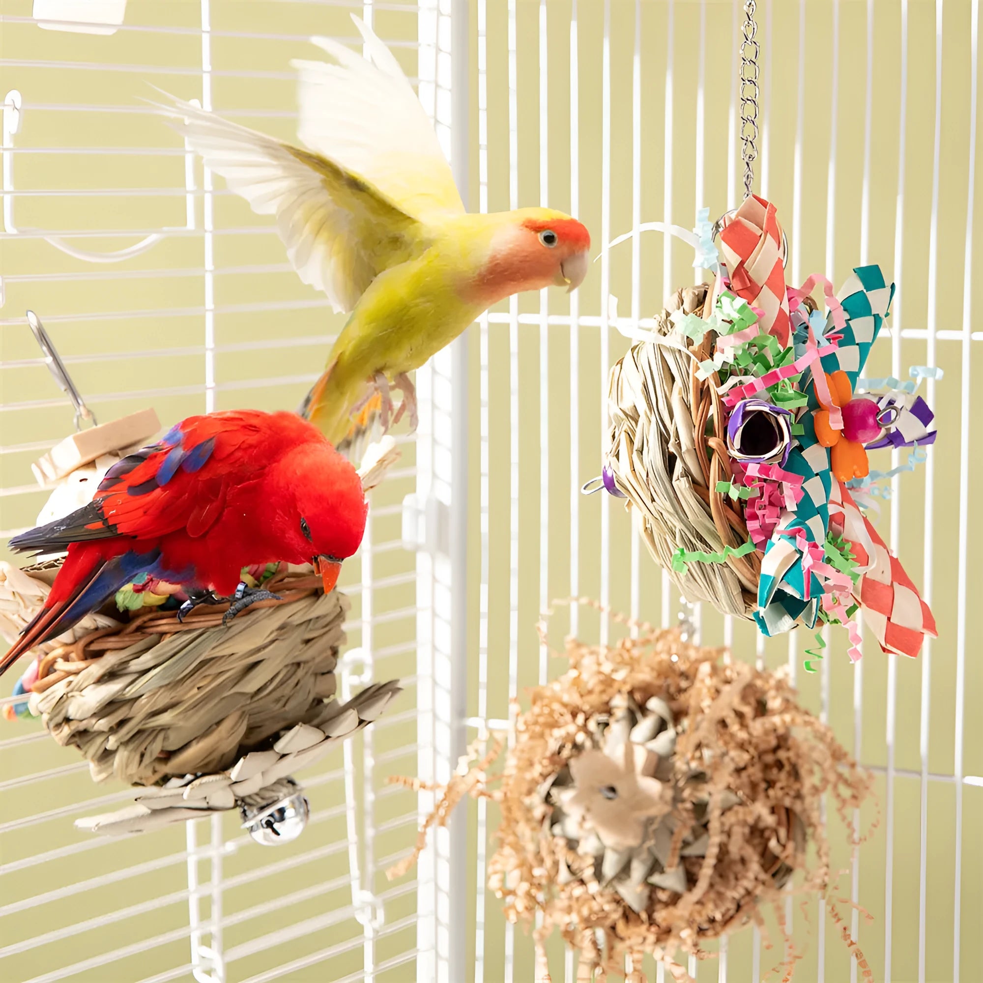 Natural wooden bird chew toy with cotton rope elements for parrots and small birds