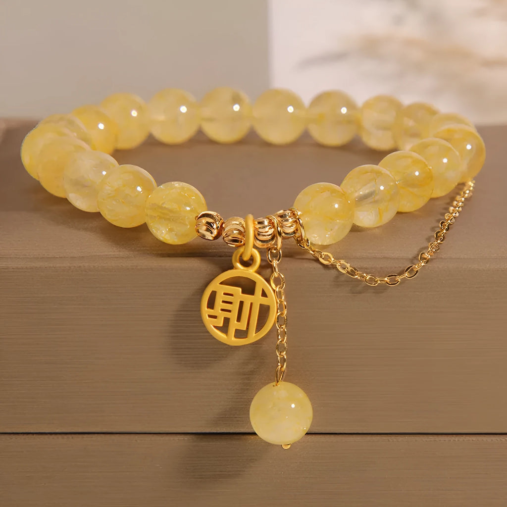 Natural citrine bracelet with Chinese character tassel in electroplated mixed materials