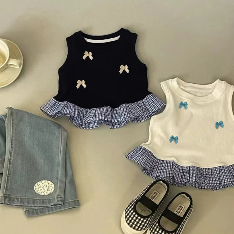 Girls' plaid vest top in black, milky white or blue, polyester, sizes 80cm to 140cm