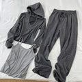 Grey Korean style three-piece women's sports suit set with long-sleeve princess top, shorts, and vest, sizes L to 4XL.