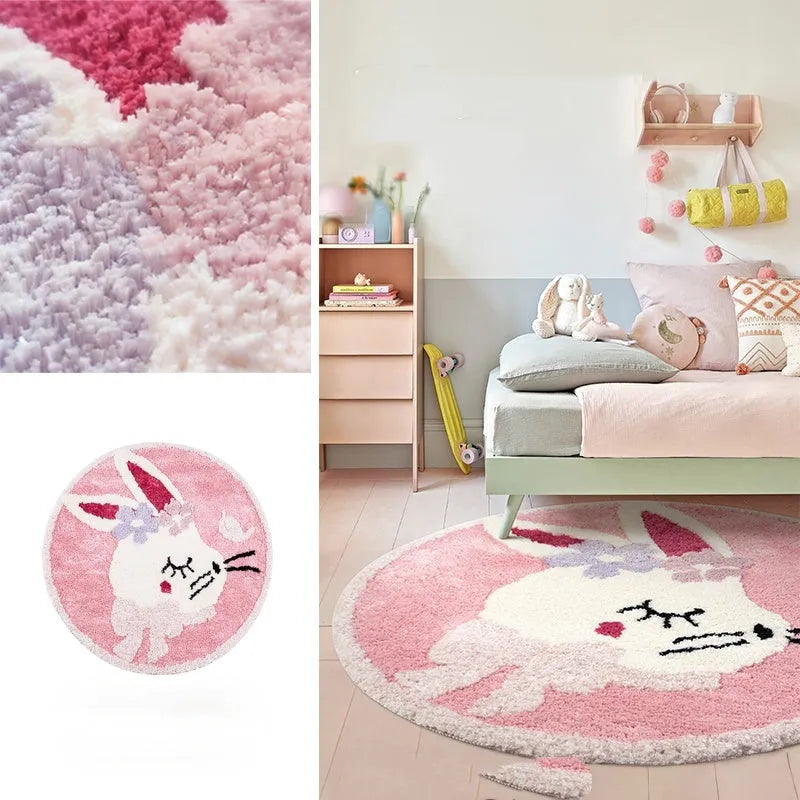 Round children's carpet with rabbit print, polyester, 80cm diameter, anti-slip, forest green