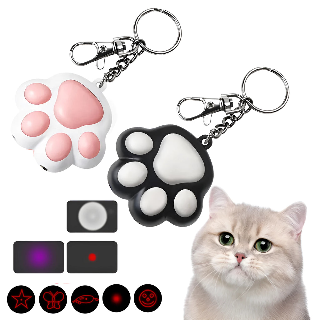 Pink and black USB rechargeable infrared cat teaser toy with key chain attachment