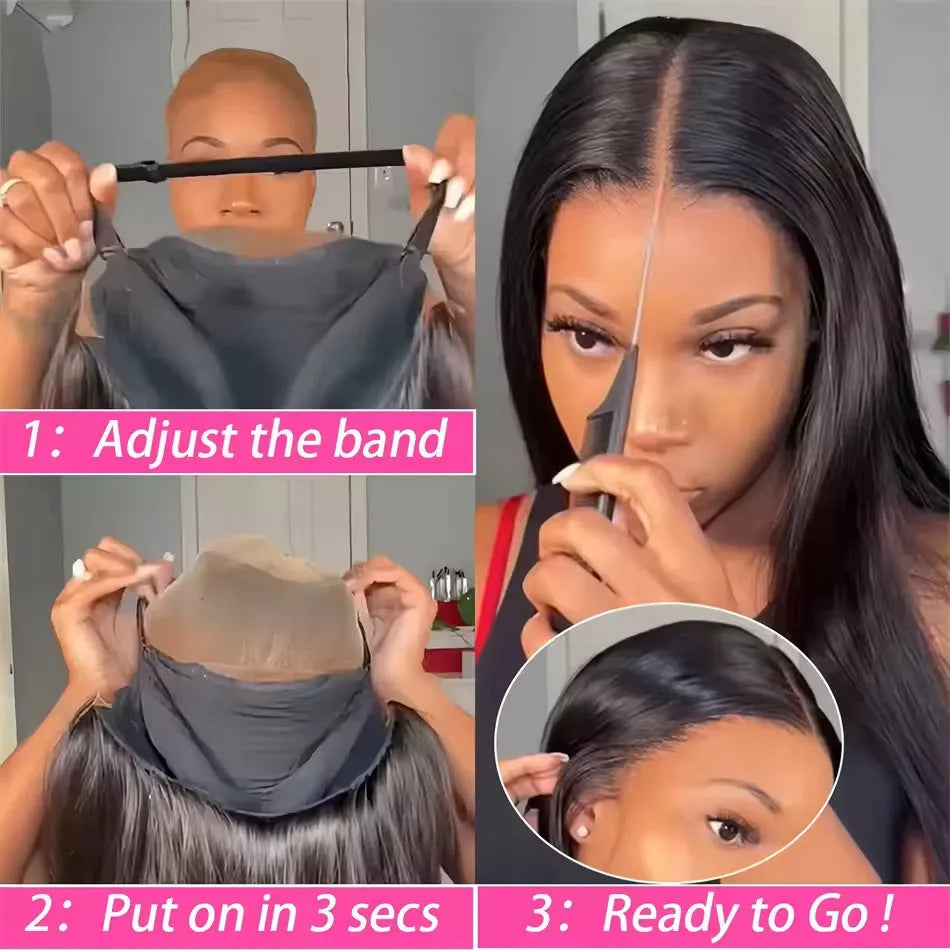Glueless straight human hair wig with side bangs shown in natural style on a model.