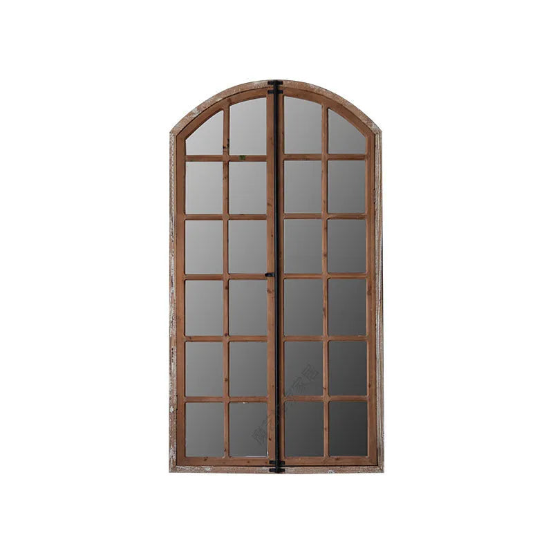 Terrace distressed fake window wall mirror with log colour wooden glass frame and clear mirror panel