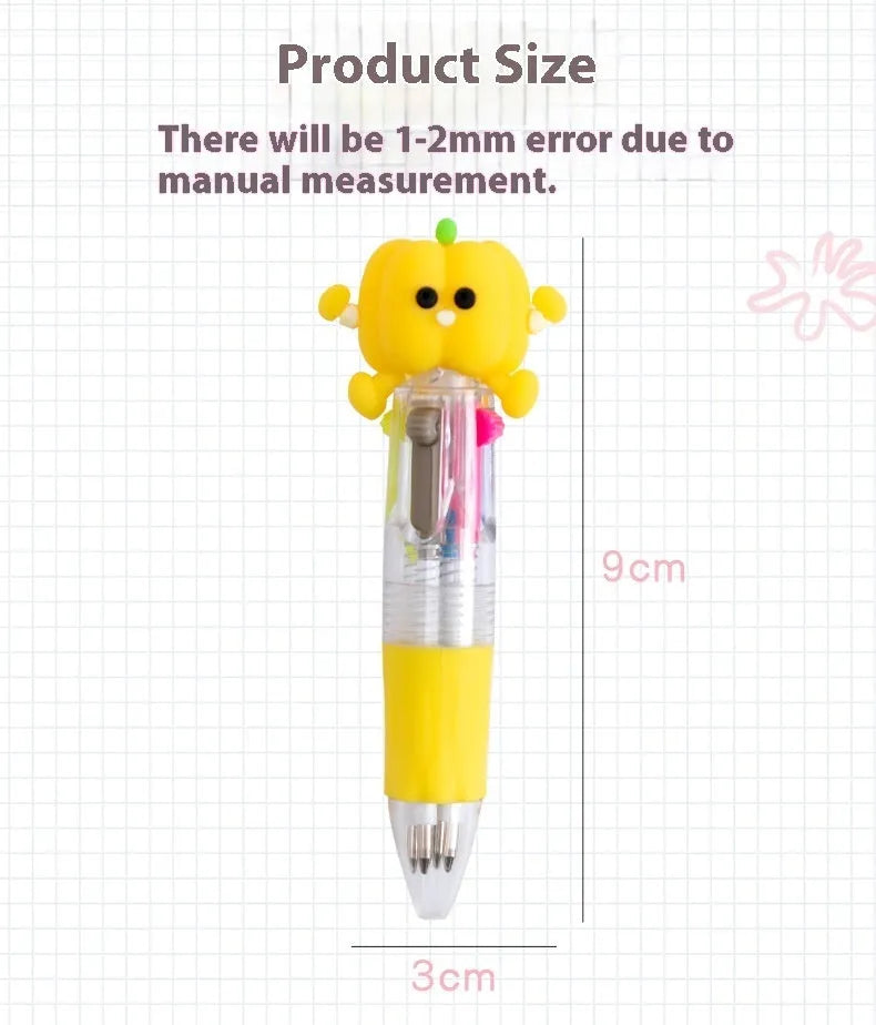 Four-colour press ballpoint pen with random cartoon design and silicone grip.
