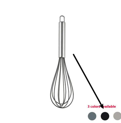 Black silicone kitchen utensil set with 12 tools stored in a rotating plastic storage bucket on a worktop.