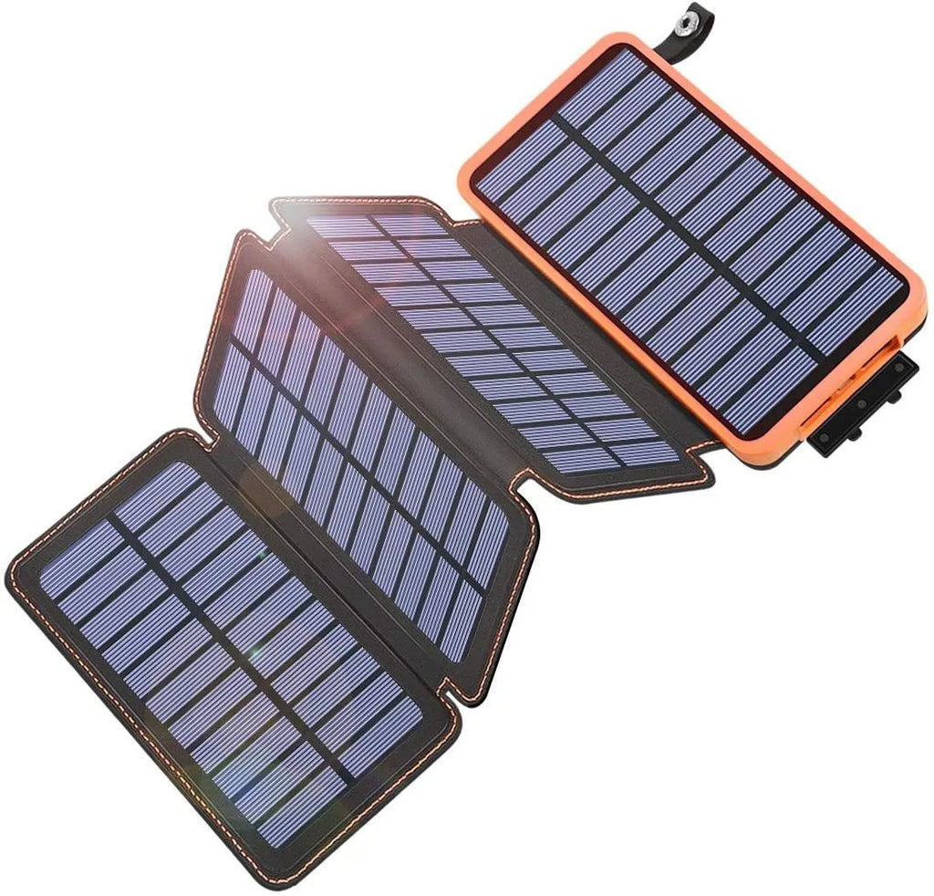 Black outdoor solar power bank with a leather finish, showing the solar panel and a single USB charging port.