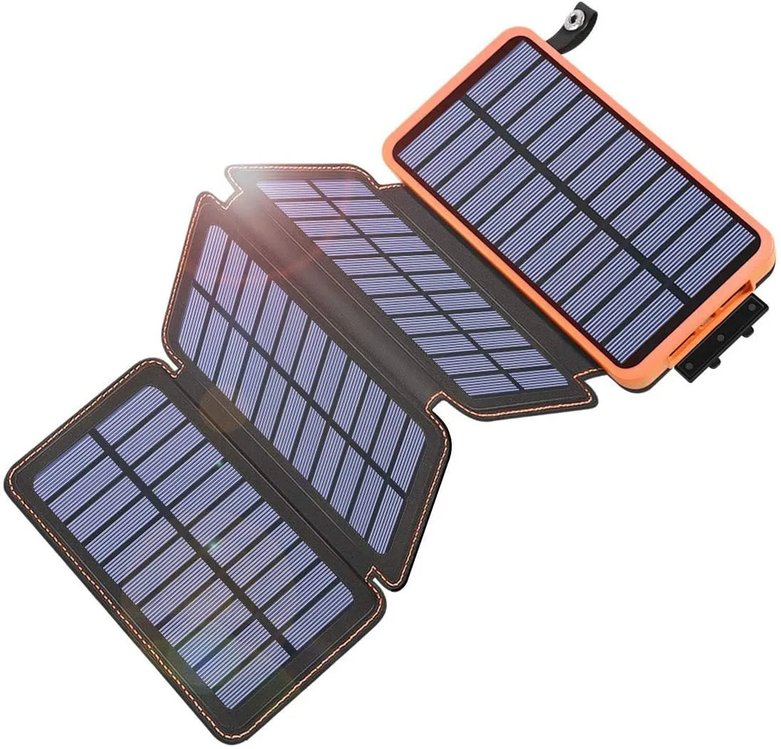 Black outdoor solar power bank with a leather finish, showing the solar panel and a single USB charging port.