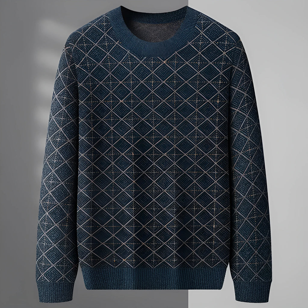 Mens loose round neck sweater in blue or brown, thin chemical fibre blend, sizes M to 7XL