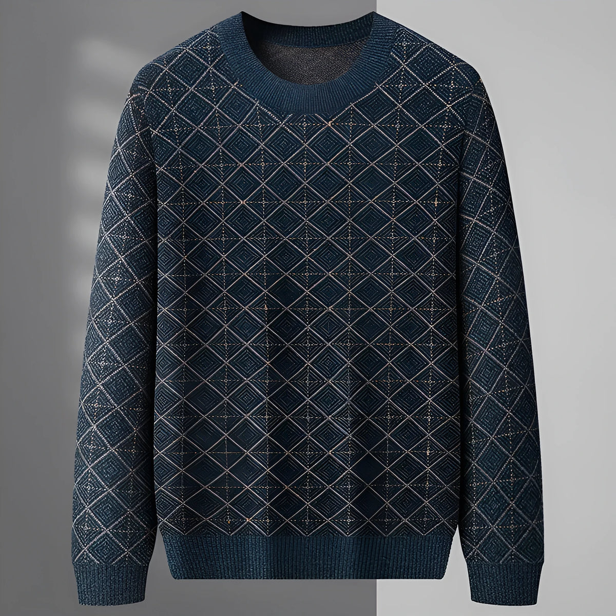 Mens loose round neck sweater in blue or brown, thin chemical fibre blend, sizes M to 7XL