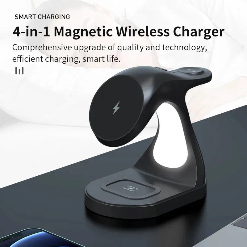 Fast Four In One Magnetic Wireless Fast Charger in black with phone, earphones, and watch placed on charging areas