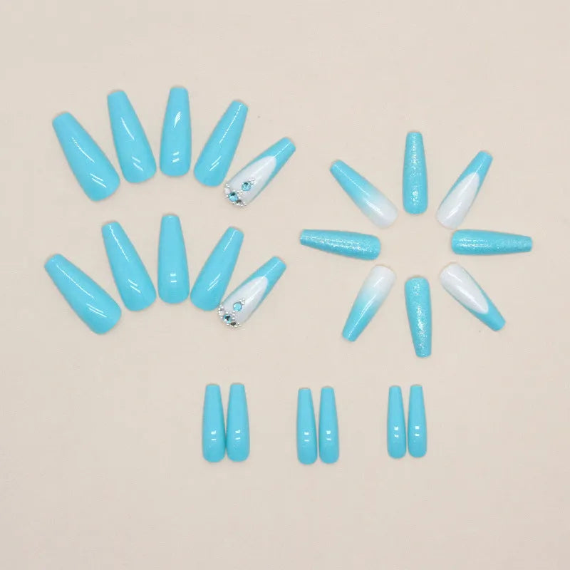 Smart blue diamond pattern on long ballet-shaped nail art patches with adhesive