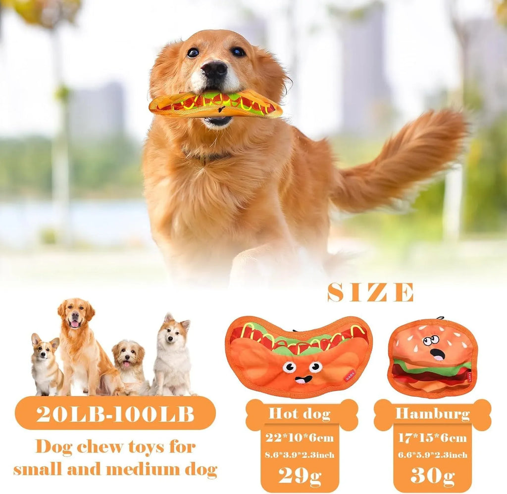 Colourful food-shaped dog toys including a burger, fries, hot dog, and pizza on a white background.