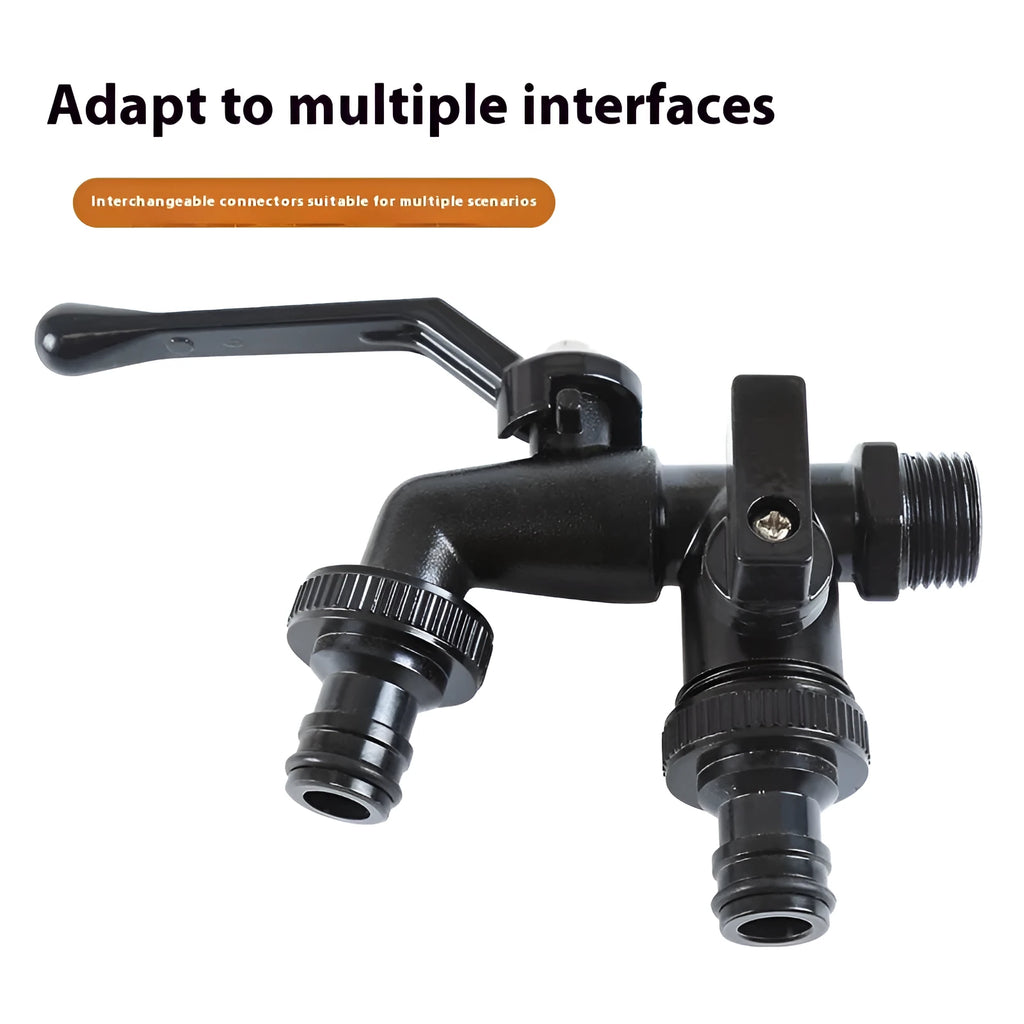 Double water outlet zinc alloy garden tap nozzle, 1/2 inch, black plated finish, in black, red, yellow, blue, or green