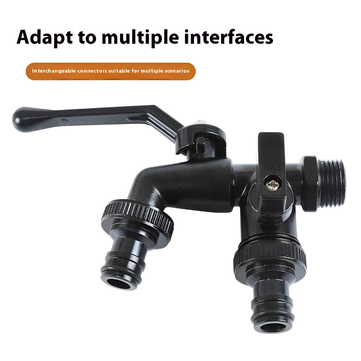 Double water outlet zinc alloy garden tap nozzle, 1/2 inch, black plated finish, in black, red, yellow, blue, or green