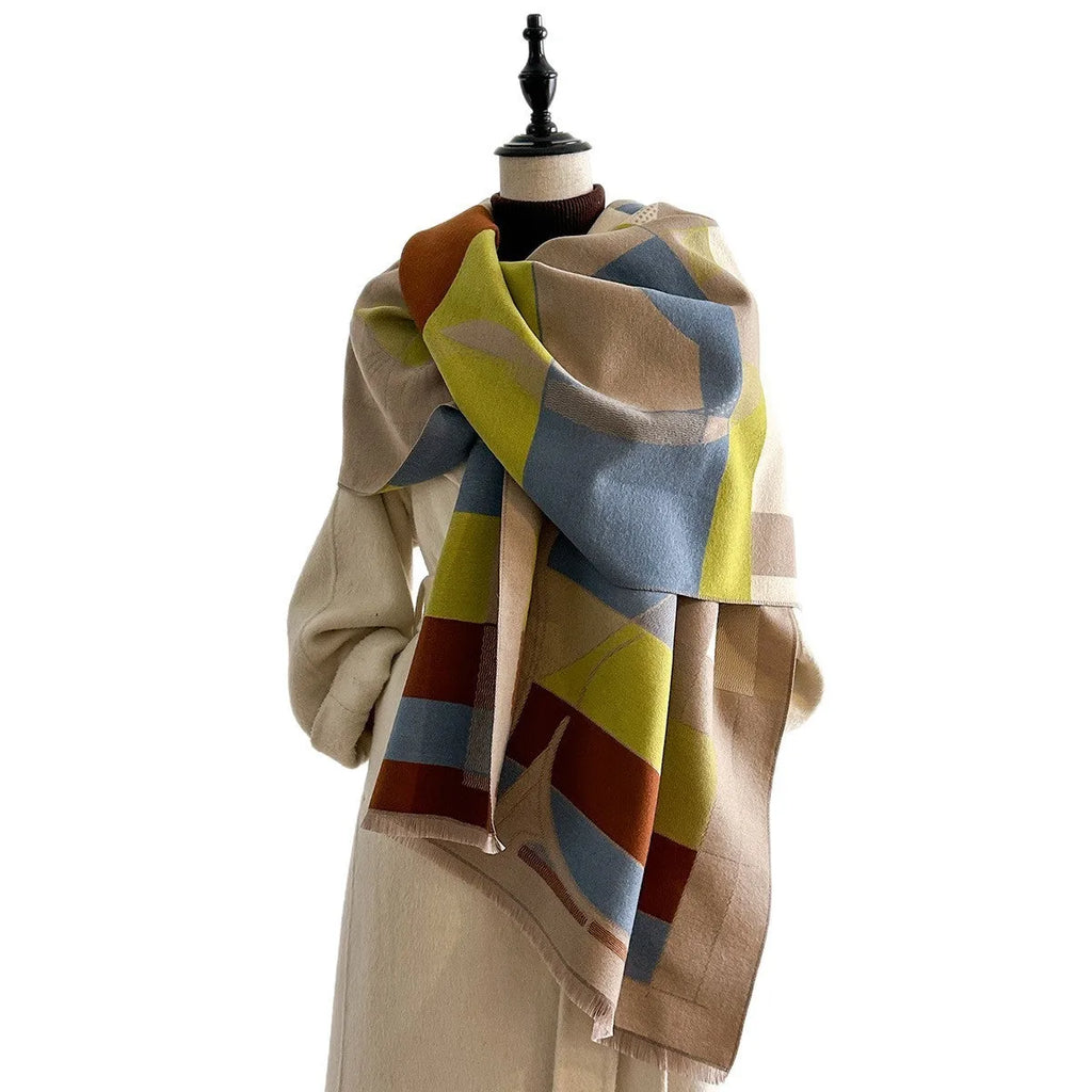 Long beige cashmere-like polyester scarf in a European chic style, laid flat to show its 185cm length.