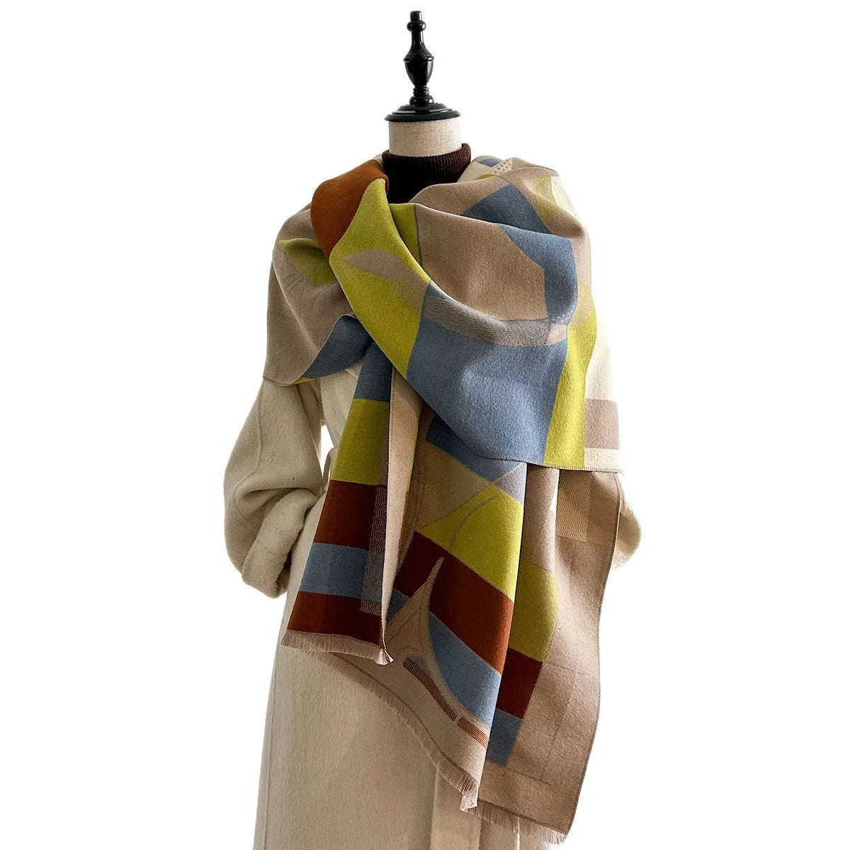 Long beige cashmere-like polyester scarf in a European chic style, laid flat to show its 185cm length.