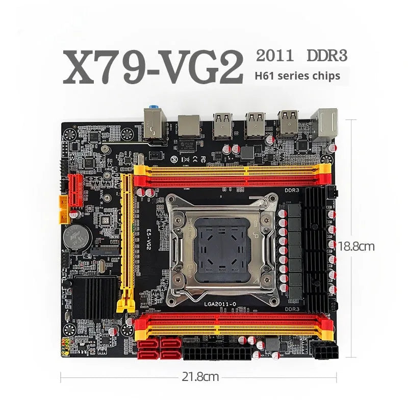 X79-VG2 desktop motherboard showing LGA 2011 socket, DDR3 slots, PCIe 16X slot, and connectivity ports.