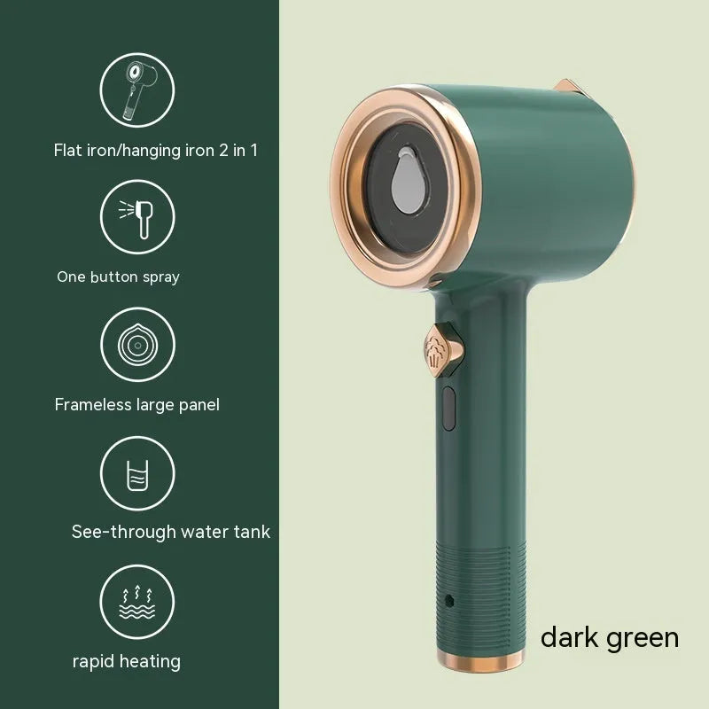 Mini portable handheld garment steamer in green with titanium soleplate and 50ml water tank