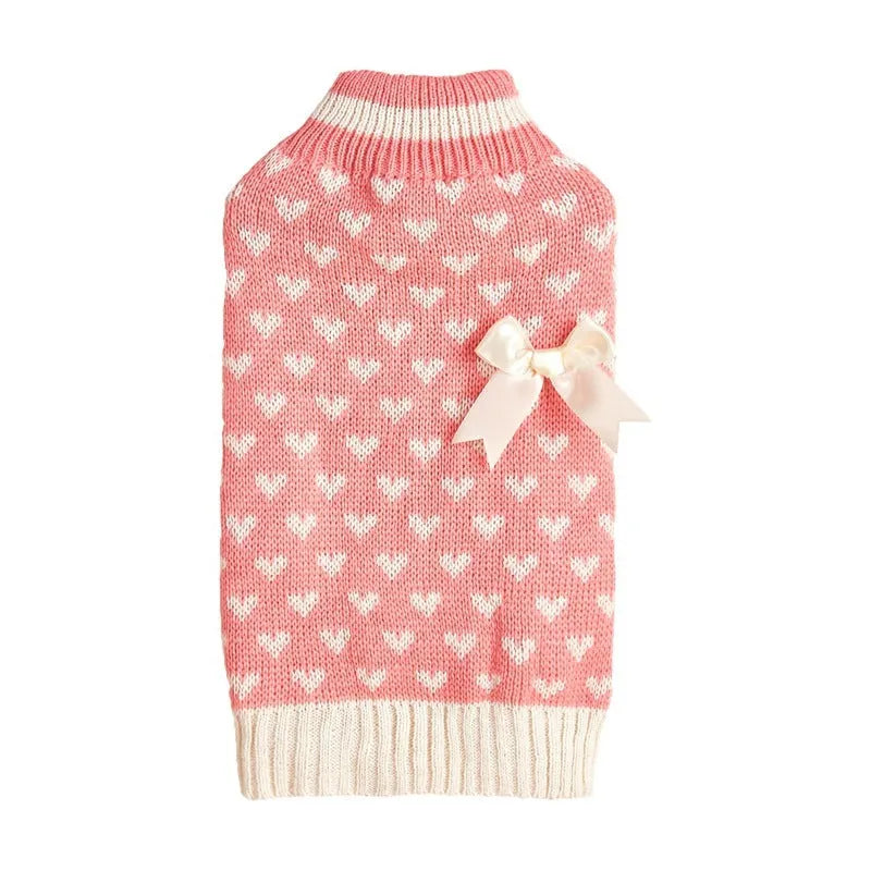 Acrylic dog sweater with decorative bow and love heart designs in red and pink colour options
