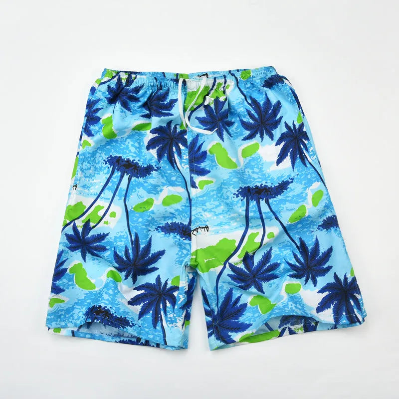 Men's floral printed swimming trunks in polyester with five-point design for beach and pool use