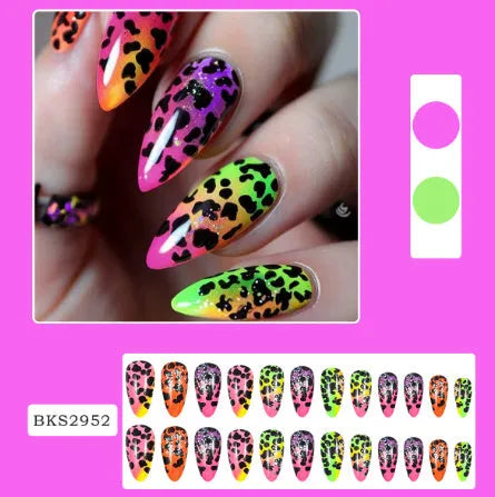 Wear Armour medium almond frosted nail stickers showing four designs: French colourful leaves, star flash macaron, gradient leopard print and colourful plating