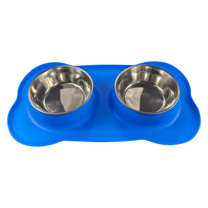 Large double dog bowl silicone mat set in chosen colour with stainless steel bowls