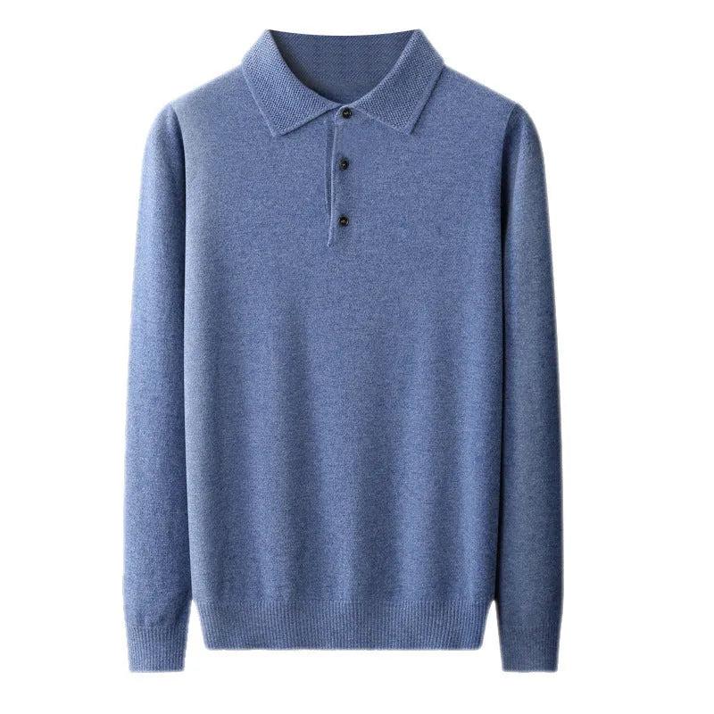 Men's grey wool pullover sweater with a polo collar and long sleeves on a hanger.