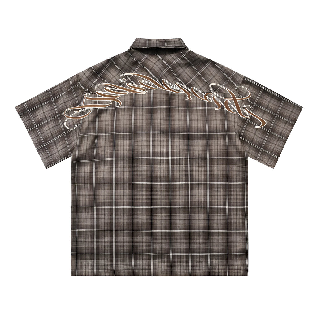 Men's black plaid short sleeve shirt with embroidered letter design on lapel