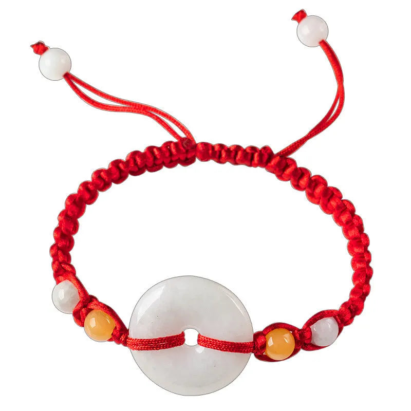 Round emerald-cut jade pendant on adjustable red rope bracelet with 14-20cm wrist fit