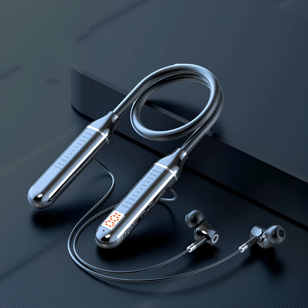 Black wireless neckband sports headphones with power display and 30-hour battery life.