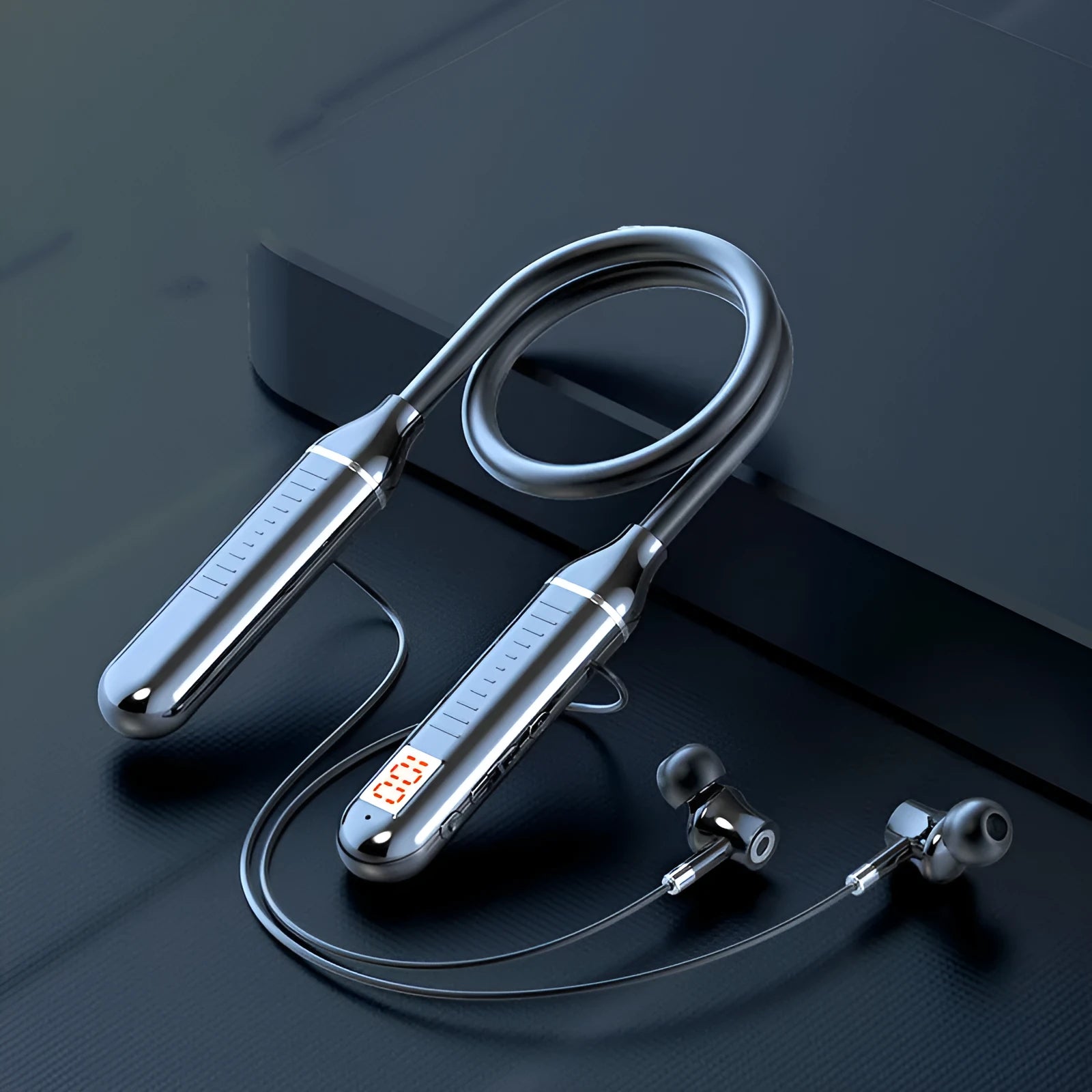 Black wireless neckband sports headphones with power display and 30-hour battery life.