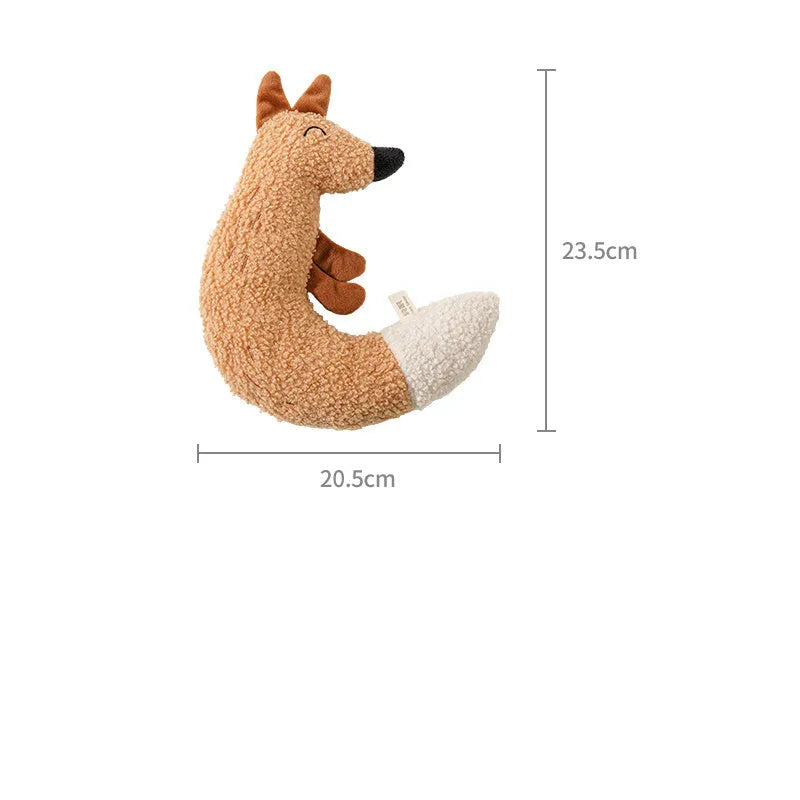 Cartoon fox and duckling pet chew toys with soft plush fabric and crinkly sound filling