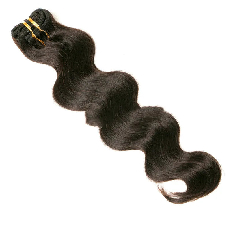 Seven-piece clip-in real human hair extension set in 16-24 inch lengths with clips and headgear