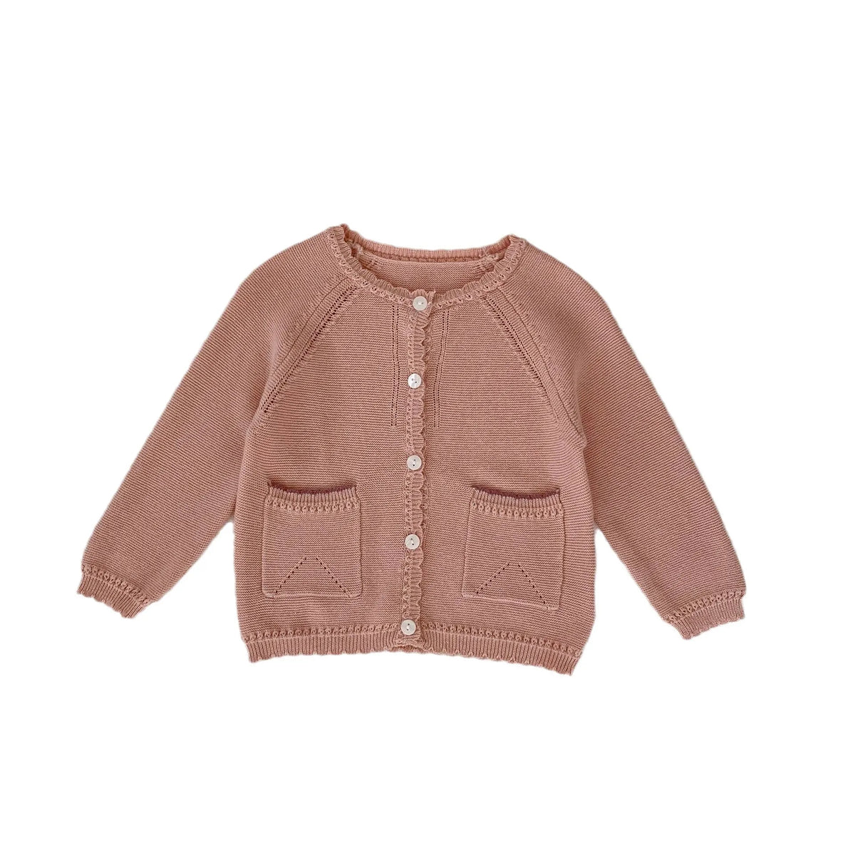 Baby girl cotton knit cardigan in lotus root pink, single-breasted long sleeve, sizes 66cm to 100cm