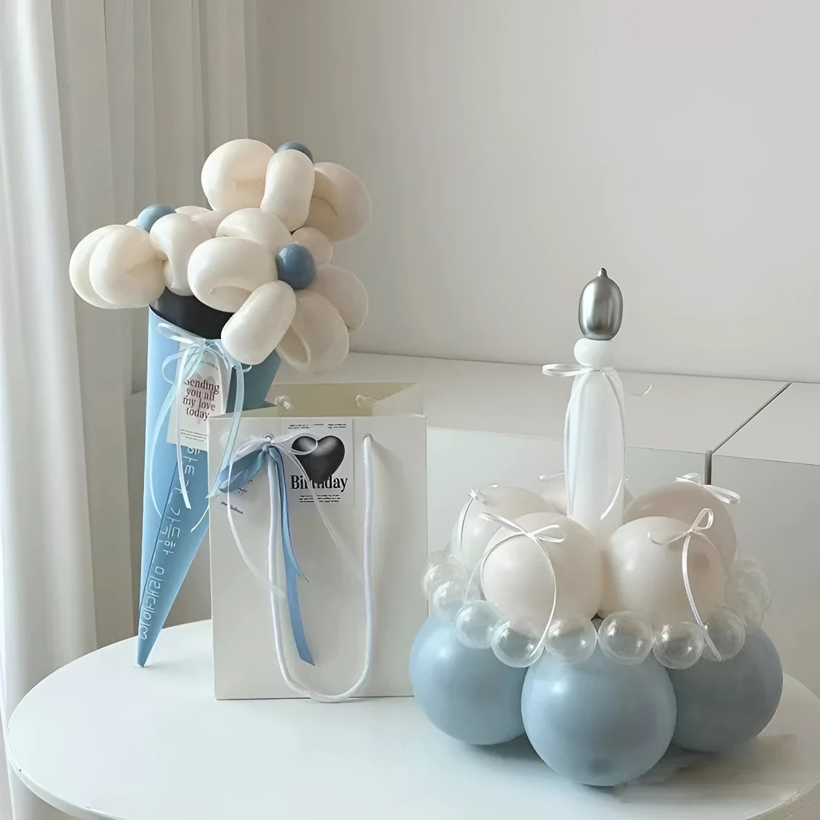 DIY balloon bouquet cake set with round balloons for party decoration and cake toppers