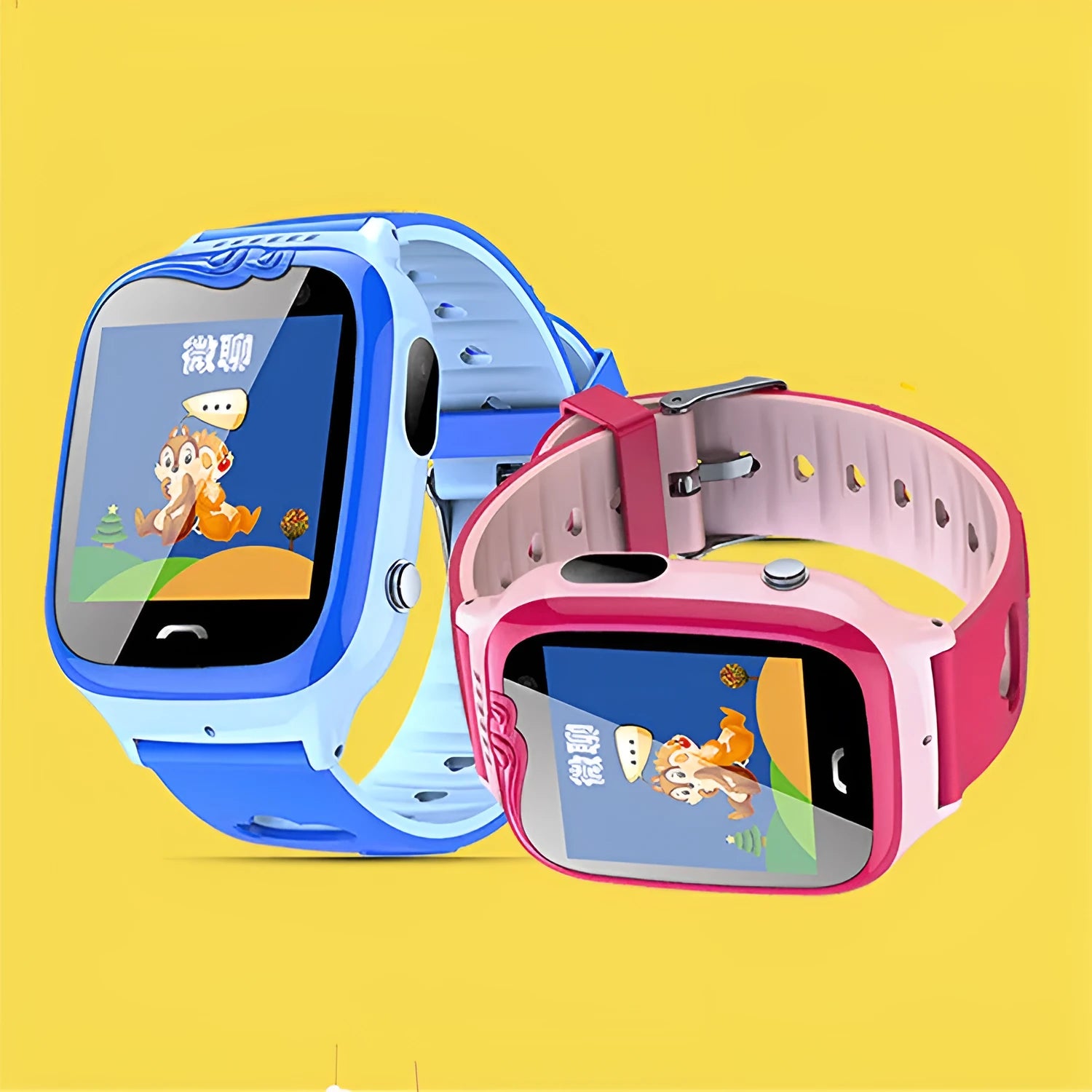 Blue children's smartwatch with touchscreen showing GPS positioning interface on silicone wrist strap