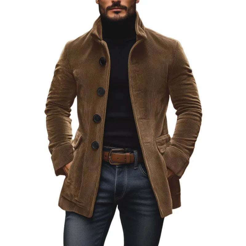 Men's corduroy blazer, slim fit stand collar, button front, solid colour, long sleeve, 50cm length