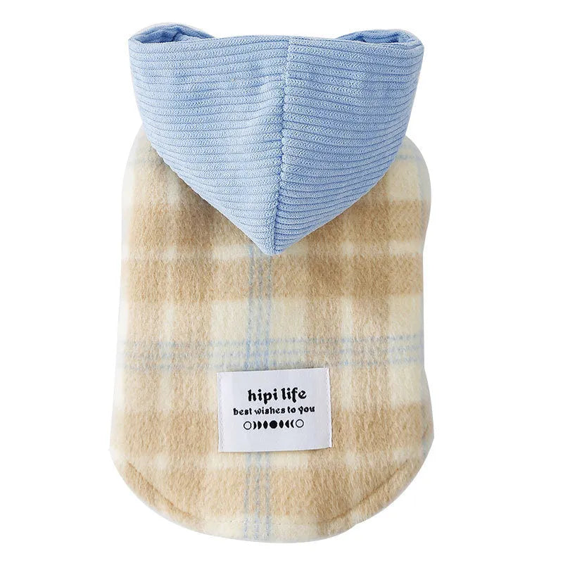 Blue corduroy dog hoodie vest with chessboard pattern and zip front closure
