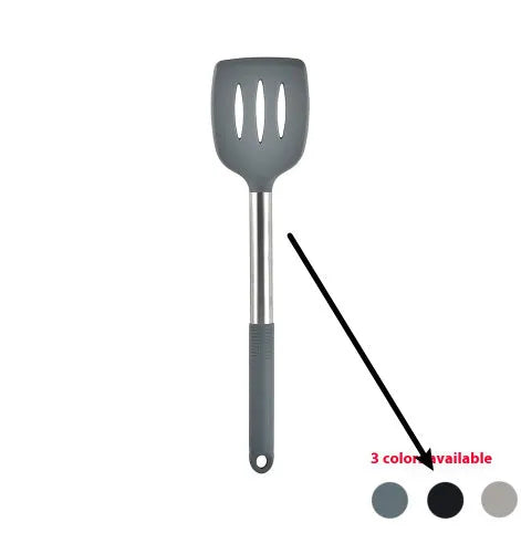 Black silicone kitchen utensil set with 12 tools stored in a rotating plastic storage bucket on a worktop.