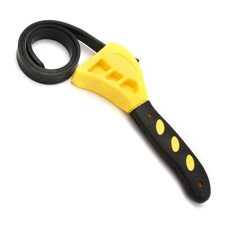 Adjustable rubber strap wrench tool with plastic rubber strap and phosphating finish for filter and plumbing use.